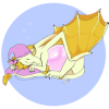 A badge featuring a yellow pearlcatcher sleeping on a blue background.