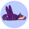 A badge featuring a purple veilspun sleeping on a light blue background