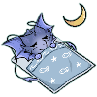 A badge featuring a water sprite sleeping in a blue sleeping bag with a nautical print on it.